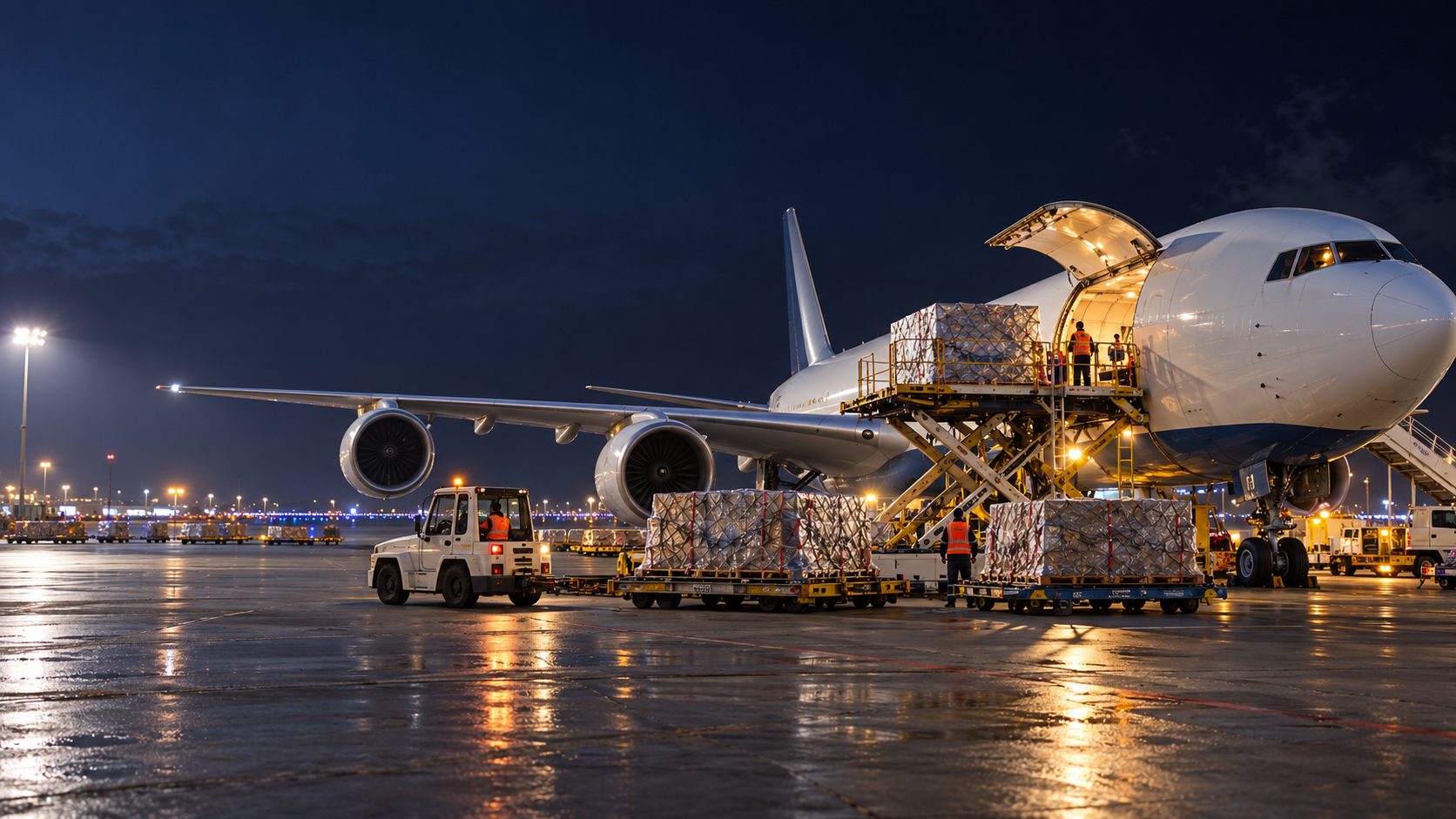 Flete aéreo internacional: avión carguero de noche con la puerta de carga abierta, pallets elevados por una plataforma y equipo con chaleco de alta visibilidad en la plataforma