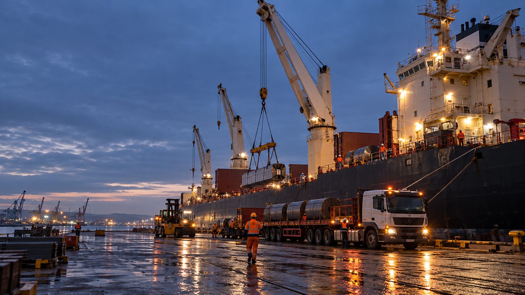 International ocean freight: port operation at dusk, with ship cranes lifting cargo, steel coils on a truck and crew in high-visibility workwear on the quay