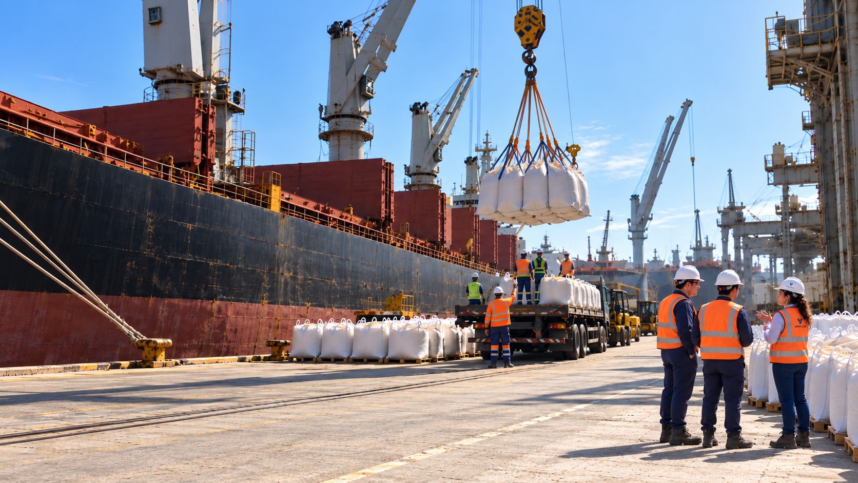 General cargo port operation: big bags lifted from the ship onto a truck, with the operations team on the quay