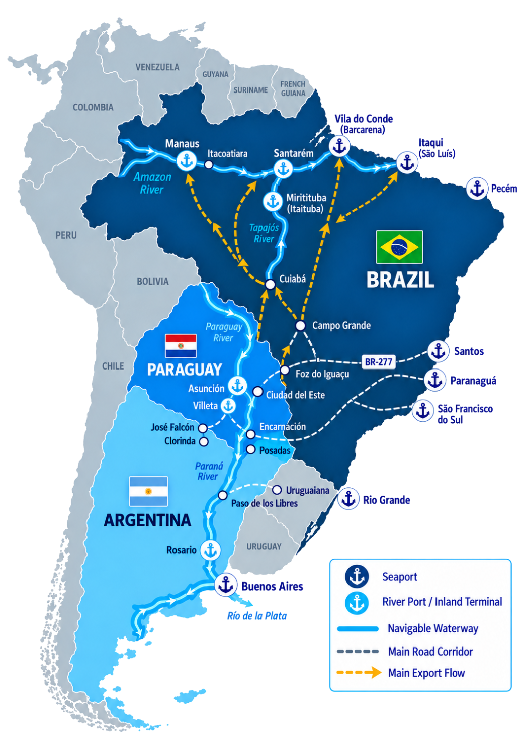 Mapa de corredores logísticos do Brasil e da América do Sul: principais portos marítimos e fluviais, hidrovias (Amazonas, Tapajós, Paraná), corredores rodoviários como a BR-277 e principais fluxos de exportação
