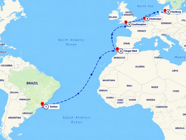 Mapa de ruta en la plataforma de Vision Log: embarque marítimo de Santos a Hamburgo, con escalas en Tanger Med, Southampton y Róterdam